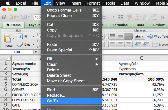 Como copiar somente células visíveis no Excel para Mac - Menu Edit > Go To