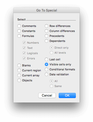 Como copiar somente células visíveis no Excel para Mac - Botão Visible Cells Only